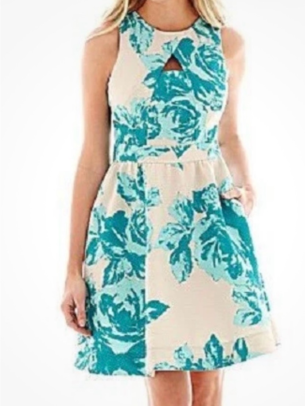 Danny & Nicole EUC Teal Floral Keyhole Fit-and-Flare Dress Sz 6P Wedding Guest
